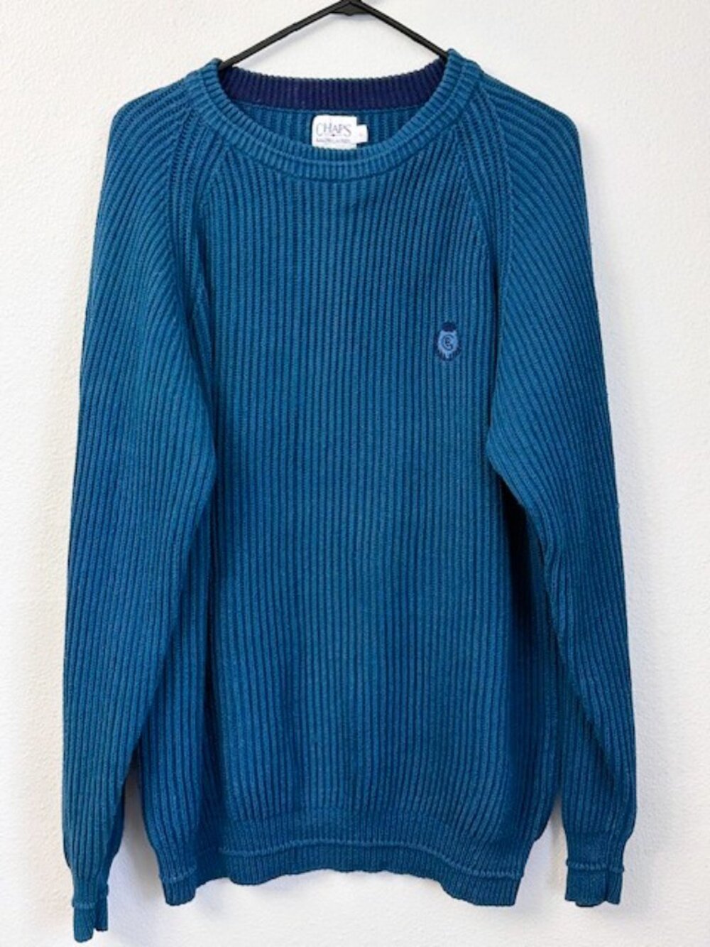 Vintage Chaps Ralph Lauren Teal Ribbed Raglan Knit Sweater Large Cotton Crest - Picture 7 of 13